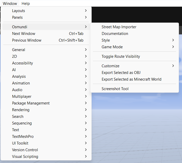 Osmundi menu in Unity editor